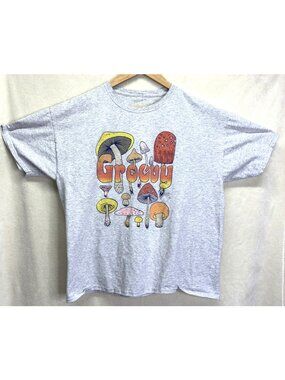Gray T-shirt Groovy Retro Hippie Mushrooms Woodstock 1960s Cotton Men XL #f